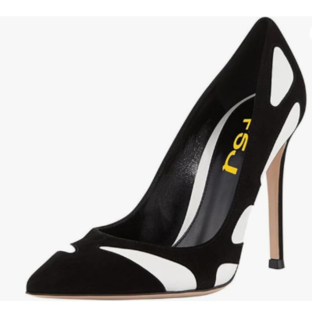 FSJ Black White Pointed Toe Stiletto Pumps Elegant Suede and Leather Shoes